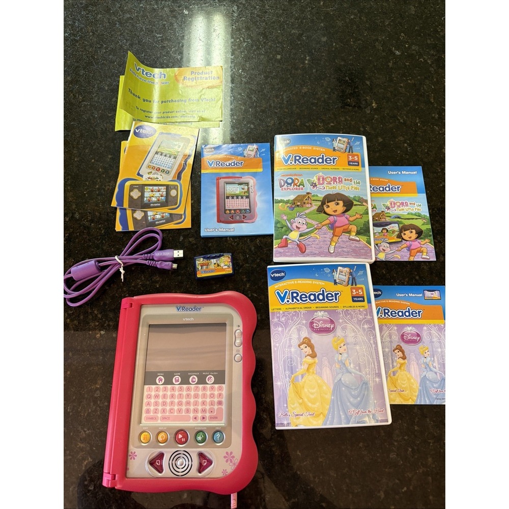 VTech V.Reader System With Stylus 3 Games Disney Princess Dora w/manual And USB